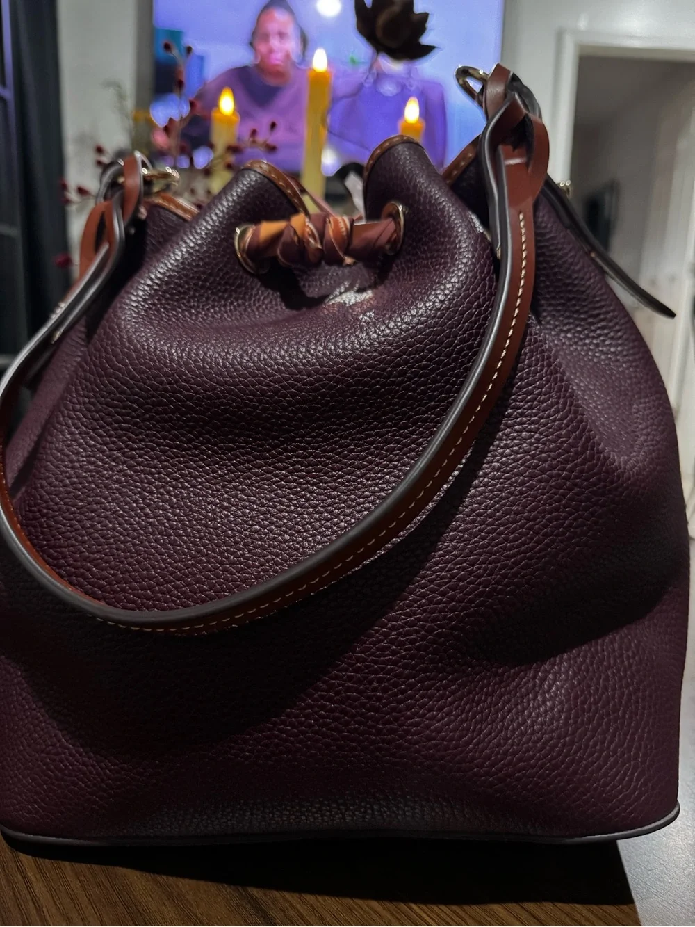Dooney & Bourke Plum Pebbled Leather Drawstring Hobo with Tan Trim